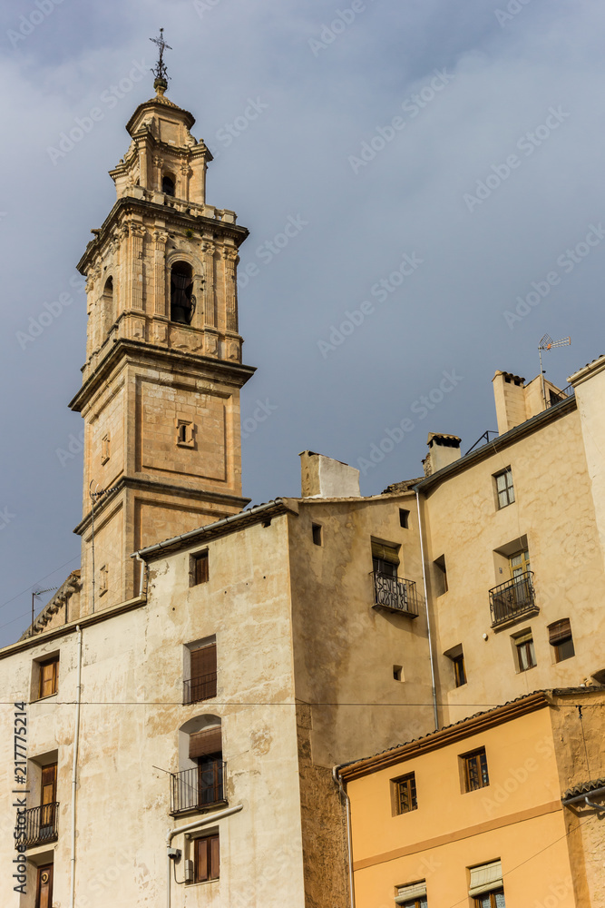 Tower of the cathedral in historic town Bocairent, Spain