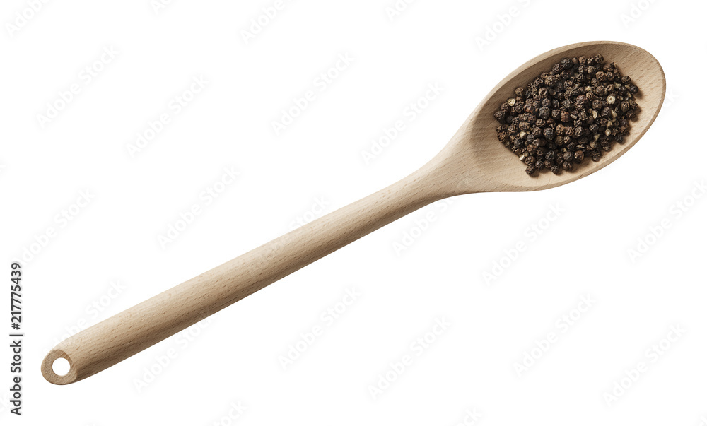 Black pepper in wooden spoon. Preparing ingredients for cooking. Isolated on white background. Top view. Black pepper in wooden spoon. Preparing ingredients for cooking. Isolated on white background. Top view.
