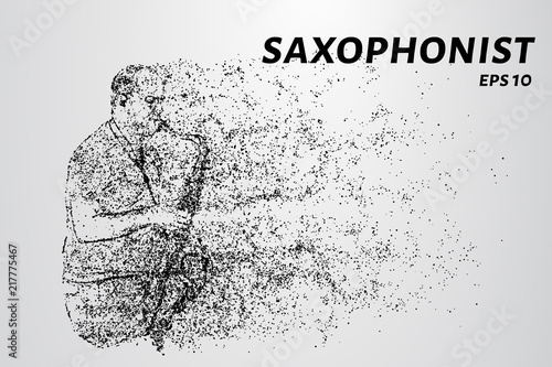 A saxophonist plays the saxophone. Music concept design. Particle saxophone.