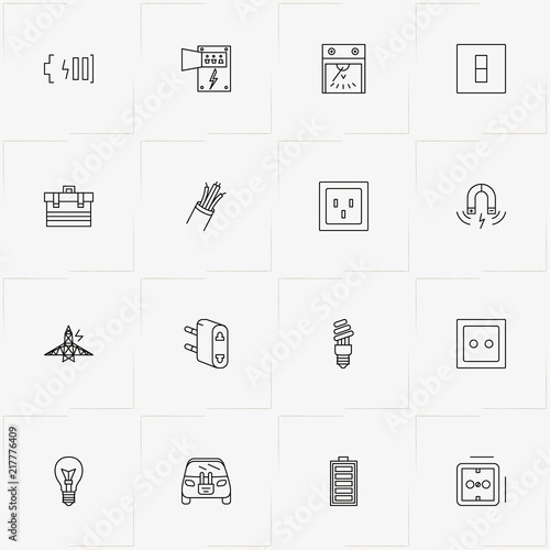 Electrocity line icon set with battery, plug and light bulb