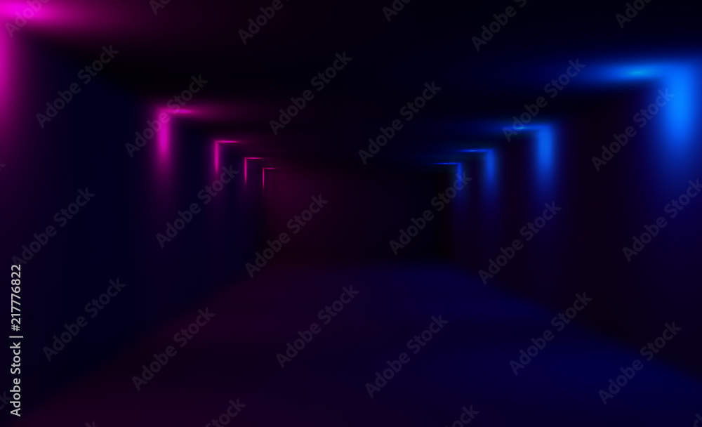 Empty dark room with neon lights blurred black background with
