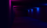 Empty dark room with neon lights, blurred black background with colored lights