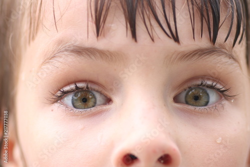Closeup of child's green eyes with scared expressions