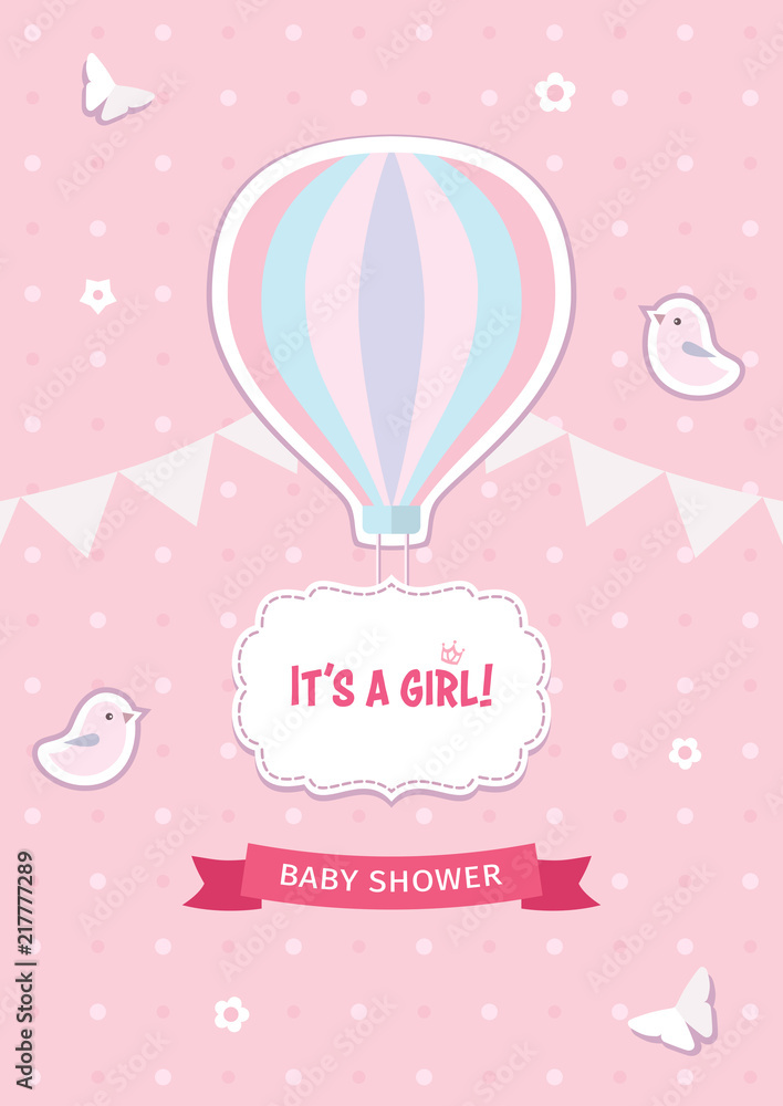Girl baby shower template with hot air balloon, birds, butterflies, flowers, ribbon, garland, and decorative frame on the pink dotted background. Flat design. A4 size. Vector Illustration.