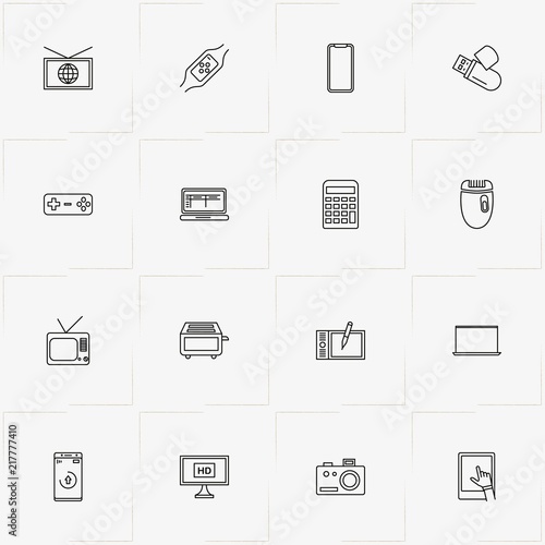 Electronic Devices line icon set with tablet, epilator   and photo camera
