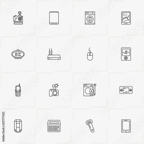 Electronic Devices line icon set with shaver, photo camera and mobile phone