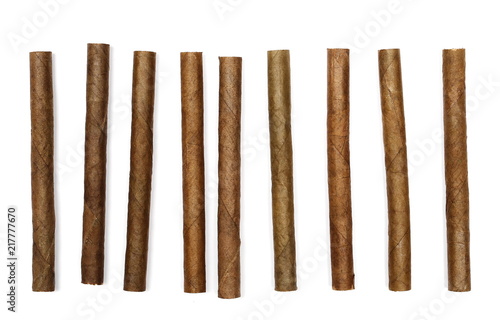 Collection cigarillos isolated on white, top view 
