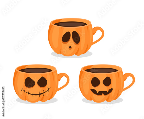Vector set of coffee cups in form of pumpkin with grinning face. Halloween coffee party