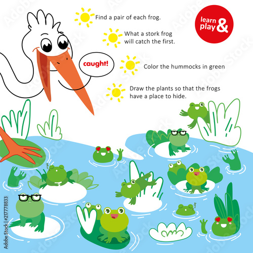 Training care for children with help of educational exercise. Find same frogs. What kind of frog stork will catch first. Use green pen and color hummocks and plants which hide frog. Vector isolated