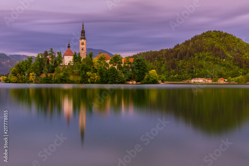 Lake Bled Slovenia. Beautiful mountain lake with small Pilgrimage Church. 