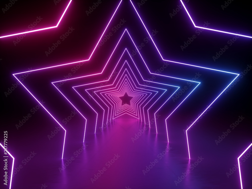 3d render, ultraviolet neon star shape, glowing lines, portal, tunnel, virtual reality, abstract fashion background, violet neon lights, arch, pink blue spectrum vibrant colors, laser show - obrazy, fototapety, plakaty 