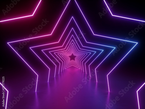 Obraz na plátně 3d render, ultraviolet neon star shape, glowing lines, portal, tunnel, virtual r