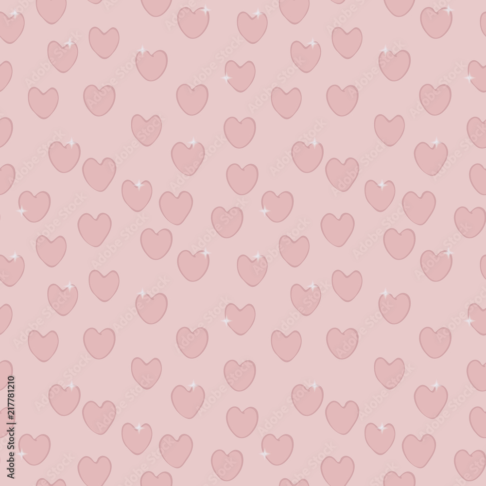 Pink hearts on a light pink background with white twinkling glare seamless vector pattern.