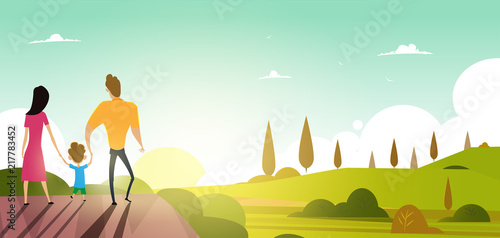 Happy family walks outdoors. Summer sunset. Vector