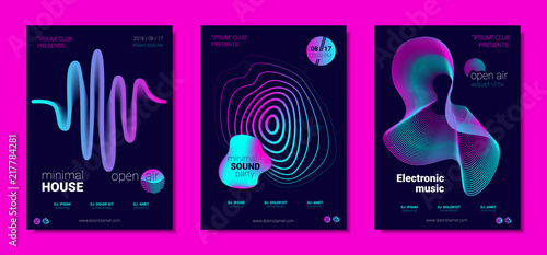 Music Posters Set witn Wave Lines and Distortion.