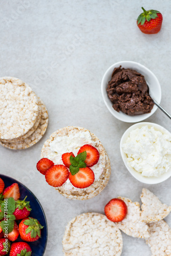 Healthy Snack from Rice Cakes with Hazelnut Spread, Ricotta Chee