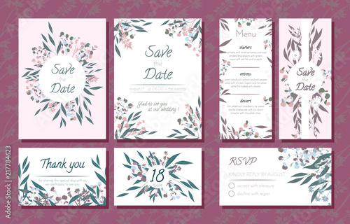 Wedding Card Templates Set with Eucalyptus Branch. Decorative Frames with Leaves  Floral and Herbs Garland. Menu  Rsvp  Label  Invitation with Nature Wreath. Vector Hand Drawn Wedding Cards Isolated.