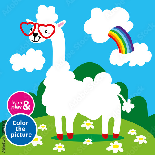 Lama in sunglasses hearts grazing in meadow. Paint the animal using colored pencils. Training of color perception, fine motor skills of children s hands. Vector isolated illustration. Hand draw.