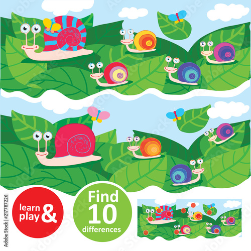 Snail family walking on leaves. Learn and play task for kids. Find ten differences. Concentration and attention training. Used in childrens educational games preschool books magazines. Vector isolated