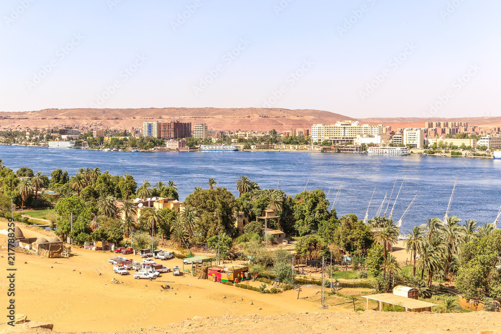 View of River Nile and ancient city Aswan, Egypt. Life on the River Nile
