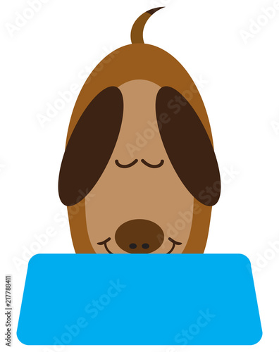 A flat vector cartoon dog is enjoying a meal from his supper dish