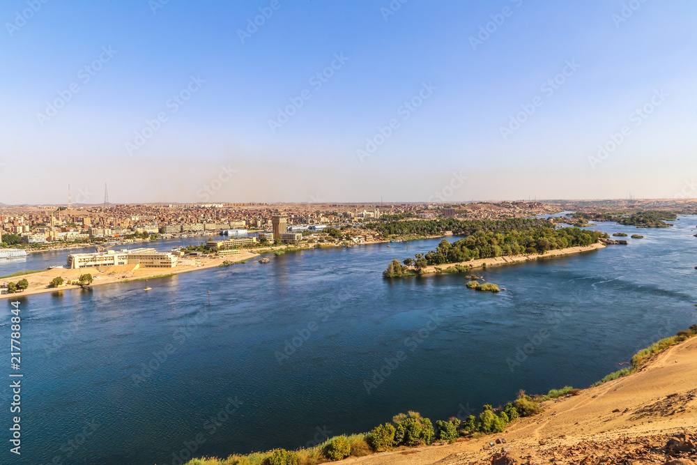 A scene for the Nile in Aswan. Colorful landscape of Nile in Aswan.