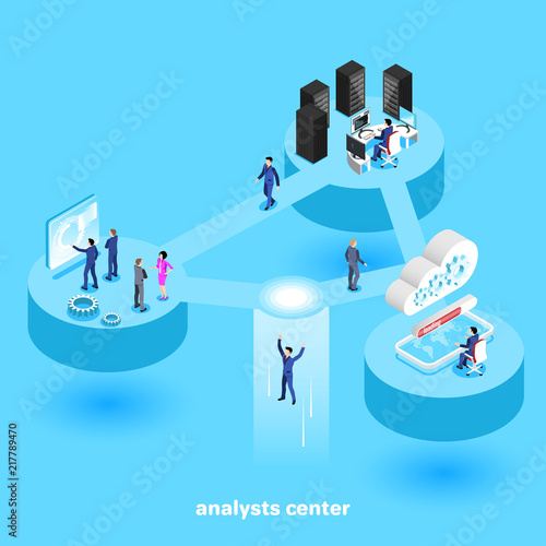 isometric image, people in business suits in the working environment in the analytical center, a futuristic office