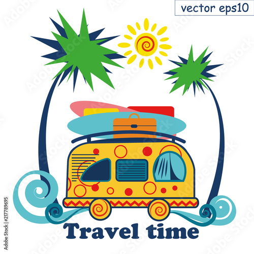travel summer van vector poster. surfing and travelling