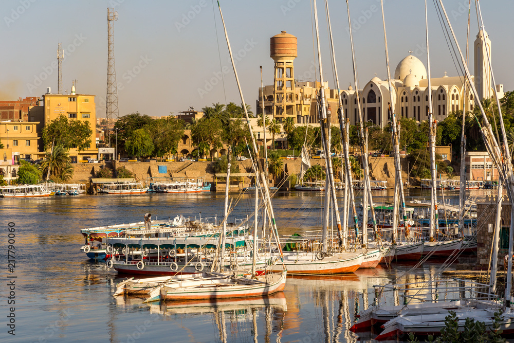 Colorful landscape with boats on a busy river. Nile river in Aswan with tourist boats, feluccas and yachts.
