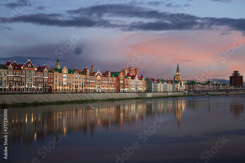 Yoshkar Ola city. Mari El, Russia. Bruges Quay in the city of Yoshkar-Ola in sunset