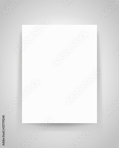 Realistic empty white sheet on gray background, blank for your creative project, mock-up sample, rectangular page on the wall, vector design object