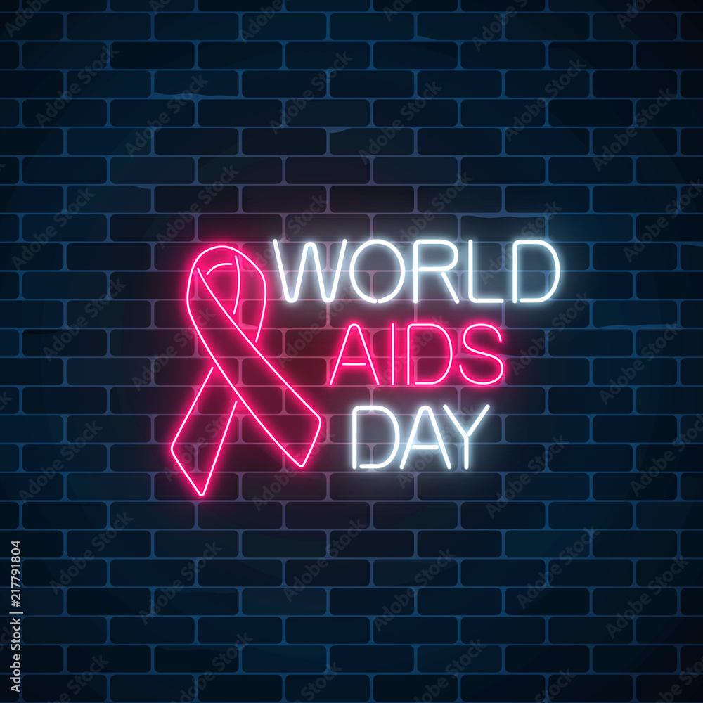 World Aids Day neon sign with red ribbon. Support for people living with HIV banner. 1st december world aids day symbol