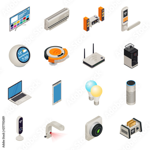 Smart home internet connected devices isometric colorful icon set. Vector illustration