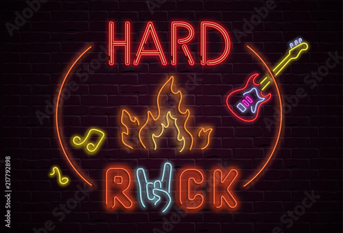 Hard rock colorful signboard on black realistic bricklaying wall.