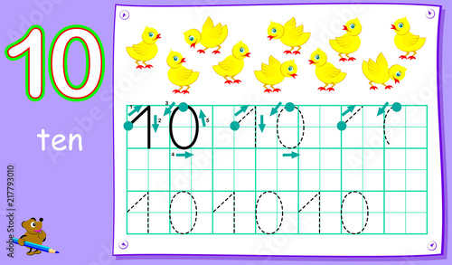 Educational page for young children with number ten. Developing skills for writing and counting. Vector cartoon image.