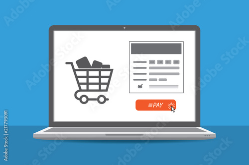 Online payment page on screen. Online shopping design. Laptop screen with shopping basket and pay button. E-commerce flat design concept. Internet shopping vector illustration.