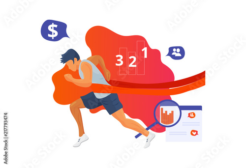 Team Leadership vector illustration: successful leading man running on a finish line. Leader coaching or positive tihinking training concept.