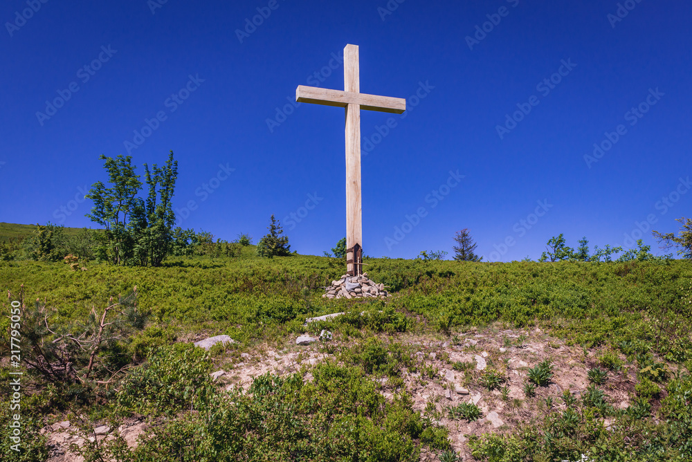 Cross on the mountain pass Bukowska in Bieszczady National Park, Subcarpathian Voivodeship of Poland Cross on the mountain pass Bukowska in Bieszczady National Park, Subcarpathian Voivodeship of Poland