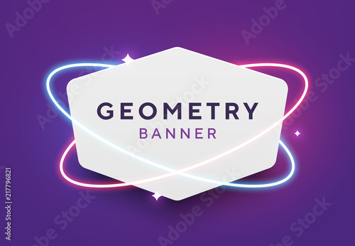 Vector geometricwhite paper banner with red and blue neon orbits. Trendy origami or material design style. Purple background with shining stars.