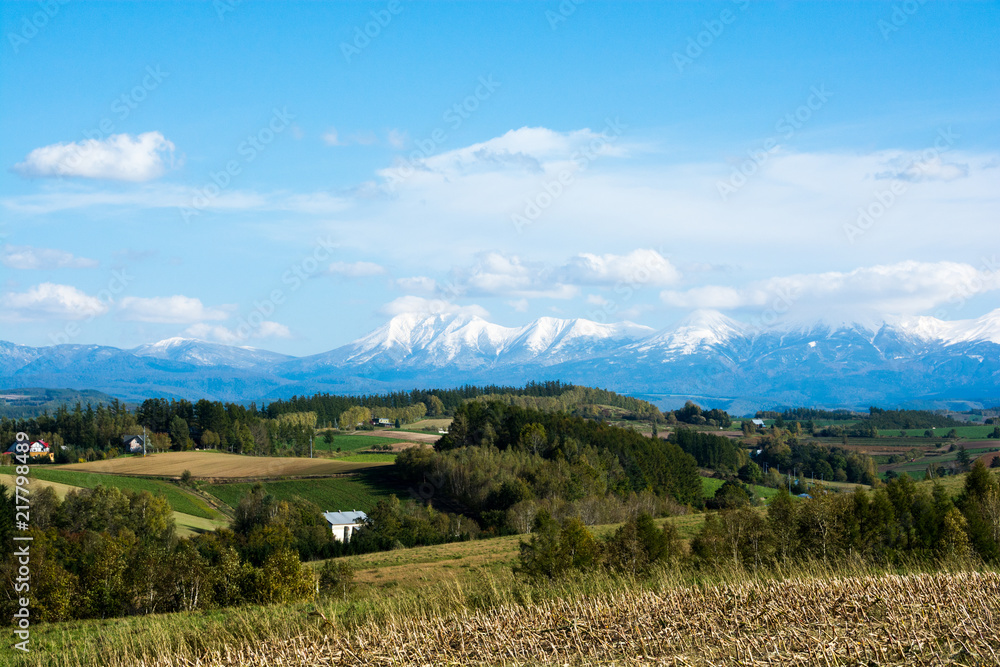 Fototapeta premium 秋の大地と冠雪の山並み 十勝岳連峰