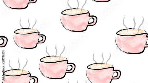 Texture seamless pattern of pink cups of mugs with a handle of hot delicious invigorating black coffee painted with watercolor paint brush with steam. Vector illustration