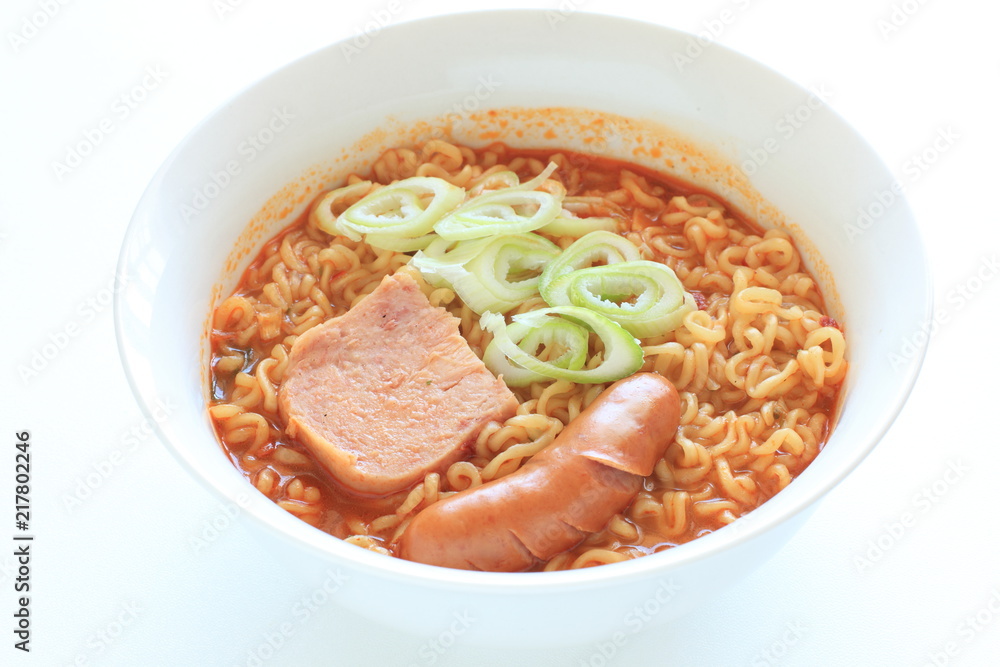 Korean style ramen noodles, luncheon meat and sausage with scallion Korean style ramen noodles, luncheon meat and sausage with scallion