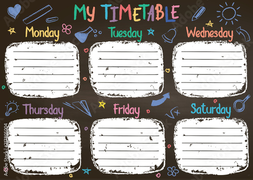 School timetable template on chalk board  with hand written colored chalk text. Weekly lessons shedule in sketchy style decorated with hand drawn school doodles on blackbord.