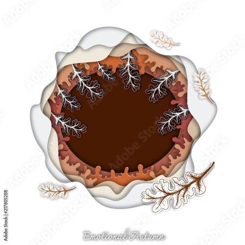 Emotional Autumn Background, Illustration Hand Drawn of Beautiful Oak Leaves in Trendy Origami Deep Paper Art Carving Style. Design for Autumn and Fall Season.
