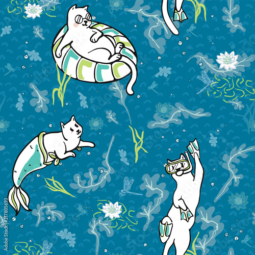Magical Purrmaid Diving Cats Vector Pattern, Seamless Water Background , Seaweed Bubbles Fun Mermaid, Kids Fashion, Summer Beach Apparel, Childrens Trendy Underwater Aqua Kitty Character Illustration 