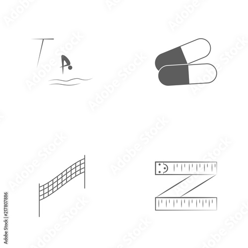 Vector illustration set sport icons. Elements ribbon ruler, volleyball net, pills and jump to water icon