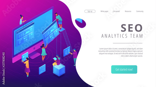 Isometric SEO specialists working with web pages and charts landing page. Seo analysis and optimization, digital marketing strategy concept. Ultra violet background. Vector 3d isometric illustration.
