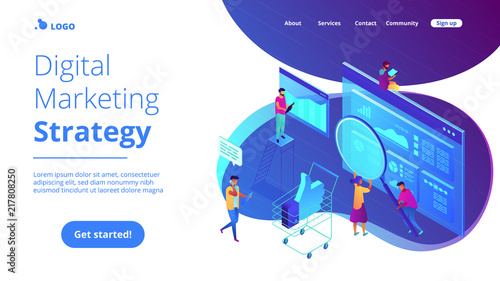 Isometric team of specialists working on digital marketing strategy landing page. Digital marketing, digital technologies concept. Blue violet background. Vector 3d isometric illustration.