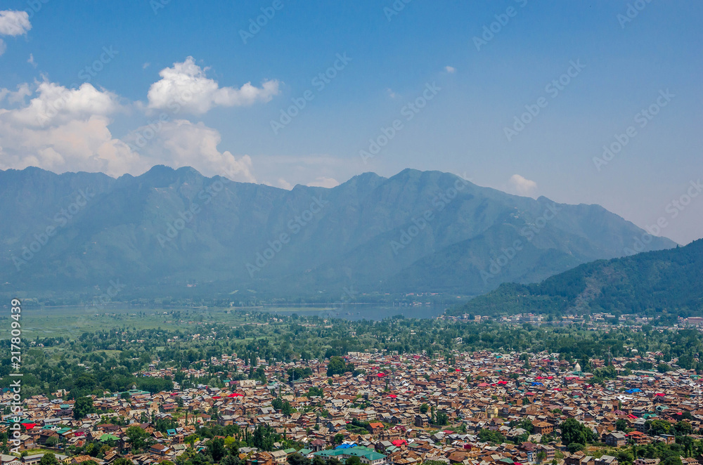 Srinagar city view with lake and mountain, Jammu and Kashmir state, India