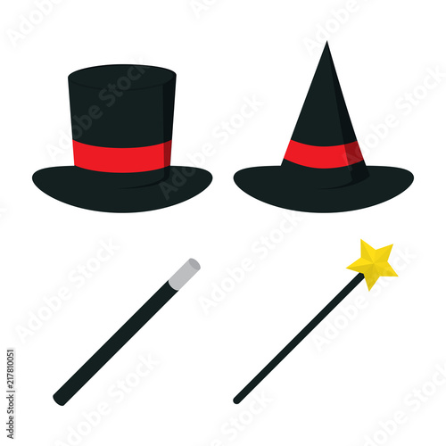magic hat vector with magic wand, vector illustration, icon set